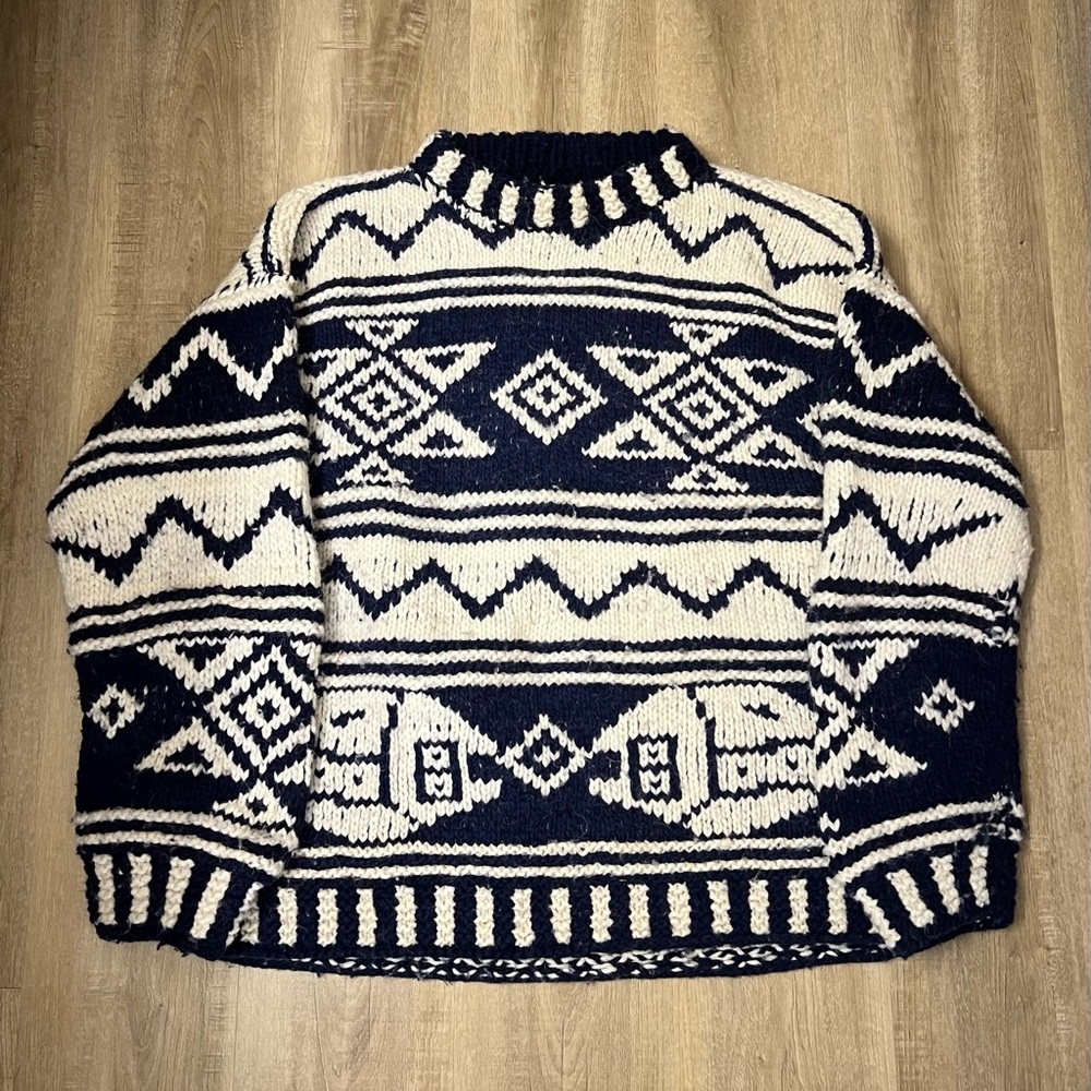 Navy and Cream Fish Patterned 100% Wool Sweater